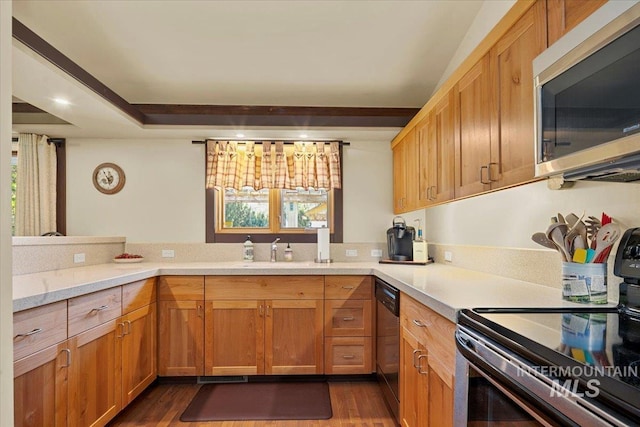 kitchen featuring light countertops, appliances with stainless steel finishes, a sink, and dark wood-type flooring