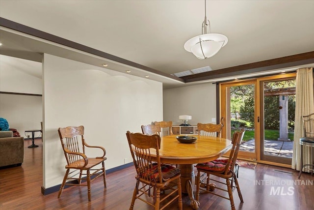 dining area featuring recessed lighting, baseboards, dark wood-style floors, and visible vents