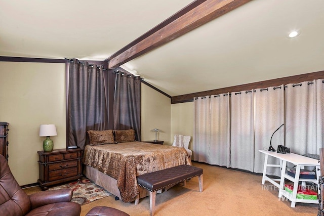 bedroom with carpet flooring and vaulted ceiling