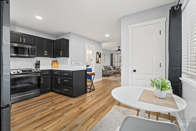 kitchen with ceiling fan, a healthy amount of sunlight, appliances with stainless steel finishes, and light hardwood / wood-style flooring