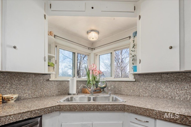 kitchen with tasteful backsplash, white cabinets, stainless steel dishwasher, and a sink