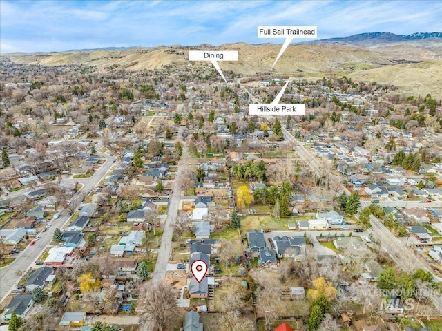 birds eye view of property with a residential view and a mountain view