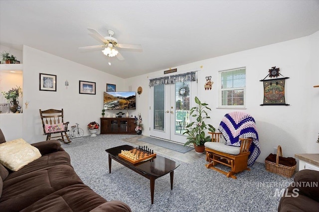 321 S 600 E, Jerome, ID 83338 - carpeted living area featuring vaulted ceiling and ceiling fan