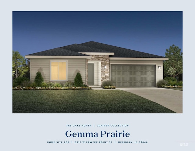6312 W Pewter Point St, Meridian, ID 83646 - view of front facade with driveway, a front yard, an attached garage, and stone siding