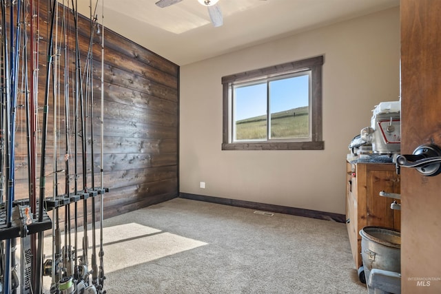 interior space with wooden walls, baseboards, and a ceiling fan