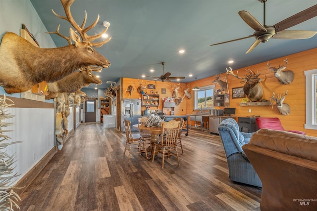 dining room with recessed lighting, wood finished floors, and ceiling fan