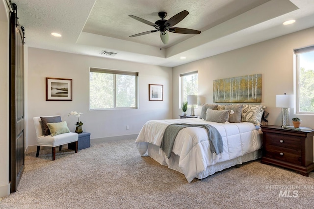 bedroom featuring a tray ceiling, light carpet, multiple windows, and visible vents