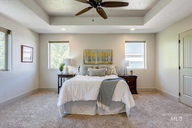 bedroom featuring light colored carpet, a raised ceiling, and baseboards