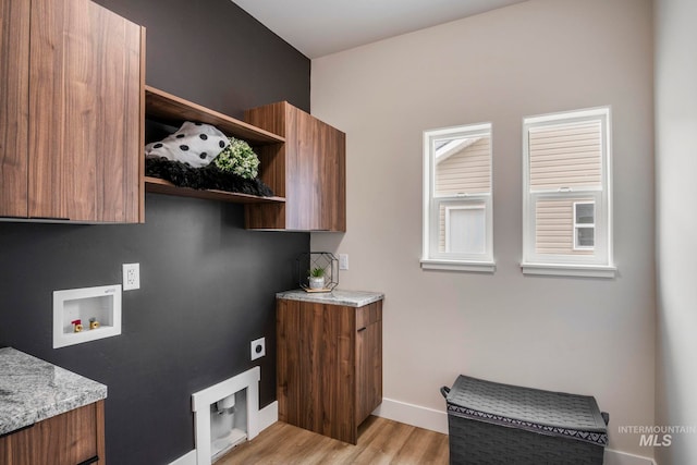 1100 Tanglewood St, Burley, ID 83318 - laundry area with washer hookup, light wood-type flooring, hookup for an electric dryer, baseboards, and cabinet space