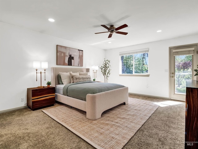 bedroom featuring access to outside, carpet, baseboards, recessed lighting, and ceiling fan
