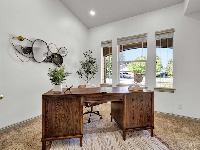 office space featuring carpet, healthy amount of natural light, baseboards, and recessed lighting