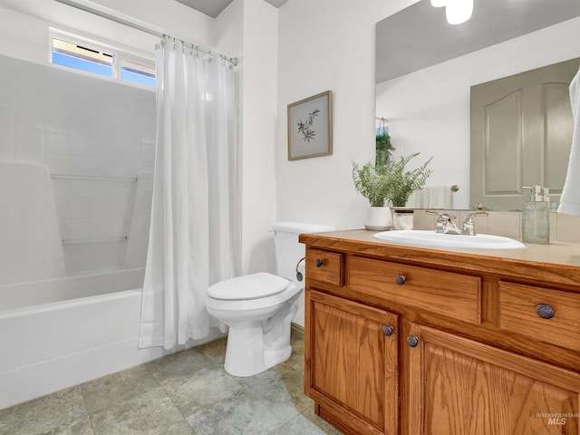 bathroom with toilet, vanity, and shower / bath combo with shower curtain