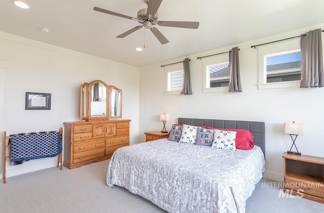 3713 W Ladle Rapids St, Meridian, ID 83646 - carpeted bedroom with crown molding, a ceiling fan, and recessed lighting