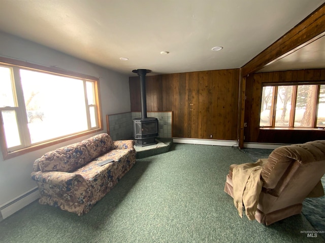 interior space featuring a baseboard heating unit, wooden walls, a healthy amount of sunlight, and a wood stove