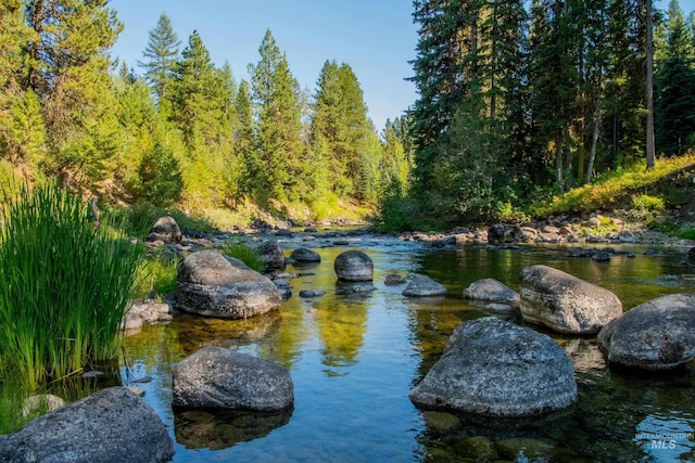 property view of water featuring a forest view