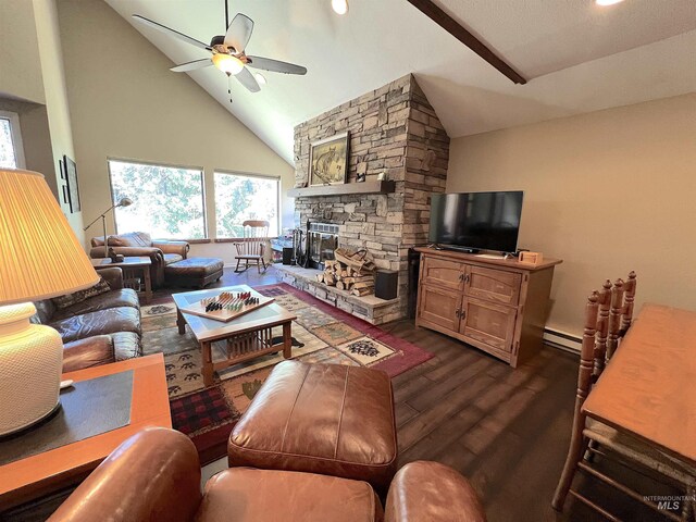 living room featuring ceiling fan, high vaulted ceiling, dark wood-type flooring, plenty of natural light, and a baseboard heating unit