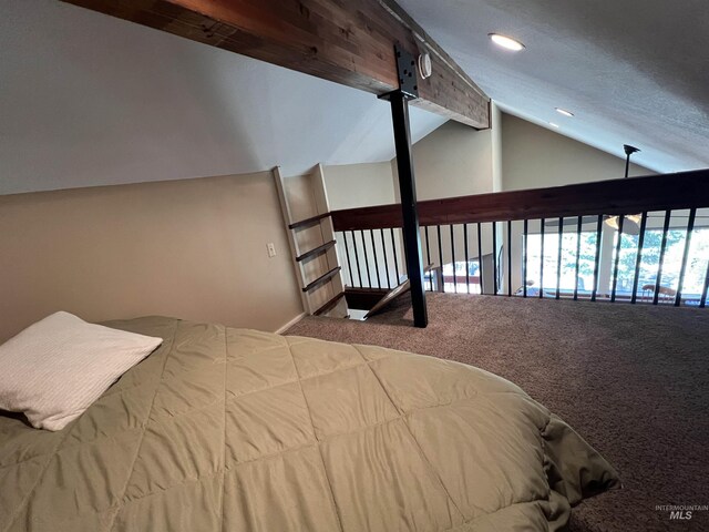 bedroom featuring carpet floors, recessed lighting, and lofted ceiling
