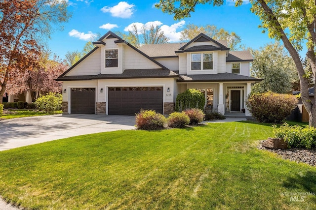 1215 N Macaile, Eagle, ID 83616 - craftsman-style home with concrete driveway, a front yard, stone siding, and a garage