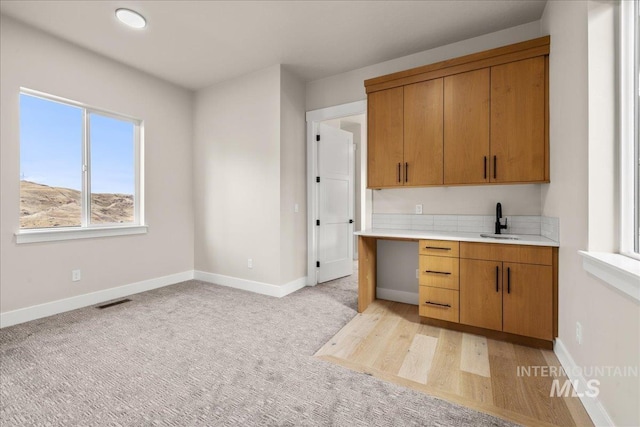 kitchen with sink and light colored carpet