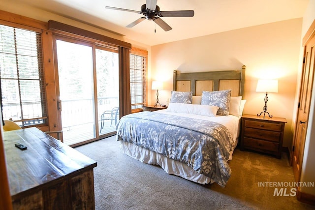 bedroom with multiple windows, access to exterior, and carpet