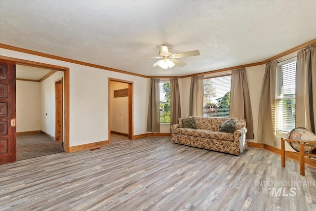 316 Maple Ave, Emmett, ID 83617 - living area featuring baseboards, crown molding, light wood-type flooring, and a ceiling fan