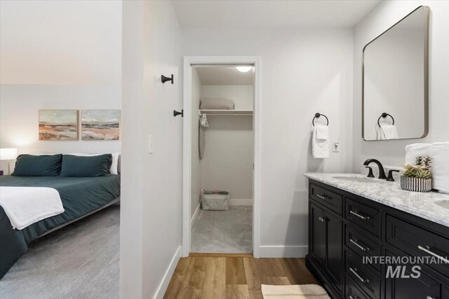 full bathroom featuring a spacious closet, baseboards, double vanity, wood finished floors, and a sink