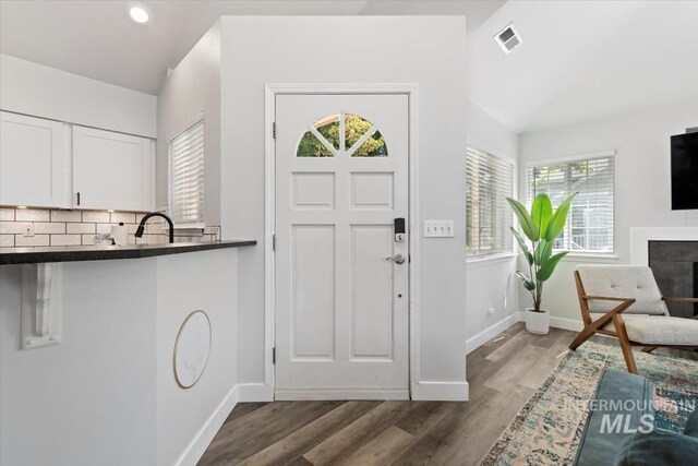 entryway with sink, light hardwood / wood-style flooring, and plenty of natural light