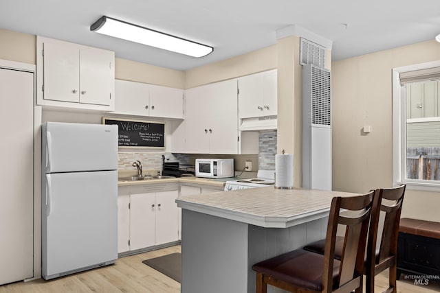 2517/2519 N 21st, Boise, ID 83702 - kitchen with light countertops, white appliances, tasteful backsplash, under cabinet range hood, and a sink