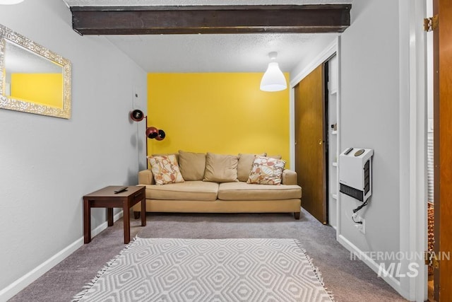 2517/2519 N 21st, Boise, ID 83702 - carpeted living area featuring heating unit, baseboards, beam ceiling, and a textured ceiling