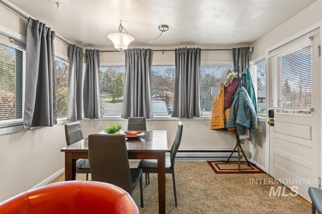 2517/2519 N 21st, Boise, ID 83702 - dining space with carpet, baseboards, a textured ceiling, and baseboard heating