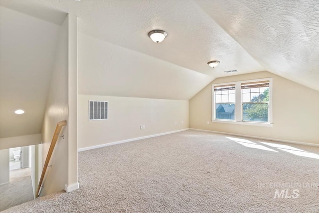 additional living space featuring carpet, a textured ceiling, and vaulted ceiling