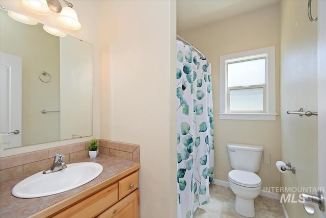 bathroom featuring tile patterned flooring, backsplash, toilet, vanity, and a shower with shower curtain