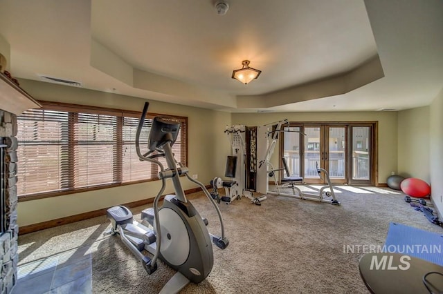 exercise room featuring french doors, baseboards, a tray ceiling, and carpet