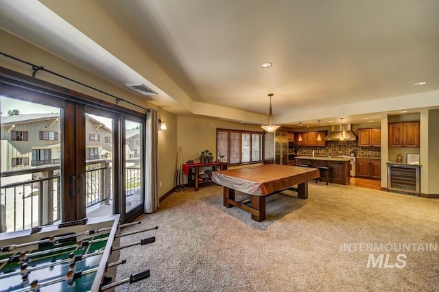 recreation room with beverage cooler, pool table, light colored carpet, french doors, and recessed lighting