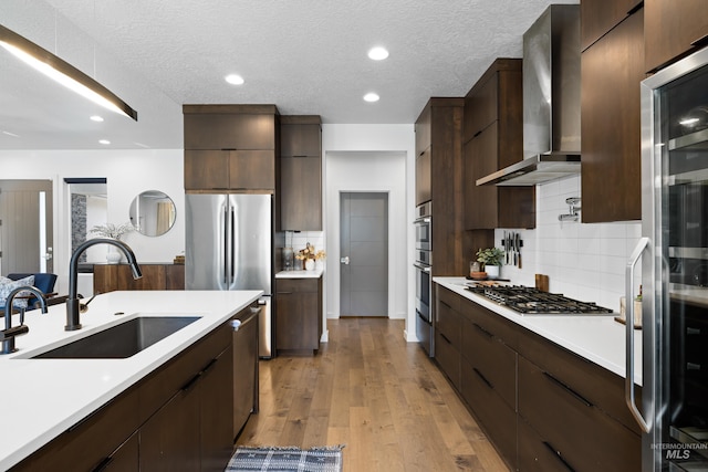 4213 E Divide Pass St, Meridian, ID 83642 - kitchen featuring wall chimney range hood, modern cabinets, light countertops, appliances with stainless steel finishes, and dark brown cabinetry