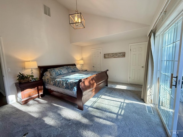bedroom featuring visible vents, carpet, high vaulted ceiling, and an inviting chandelier