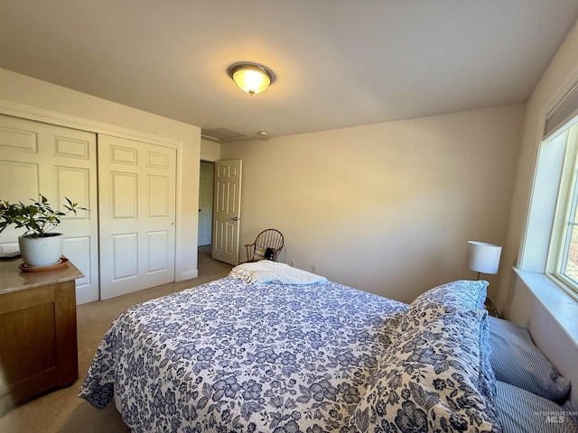 bedroom with carpet floors and a closet