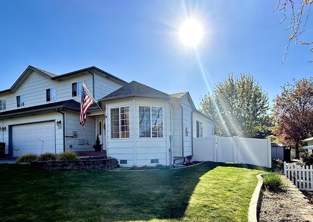 view of front of home featuring fence, an attached garage, a front lawn, and crawl space