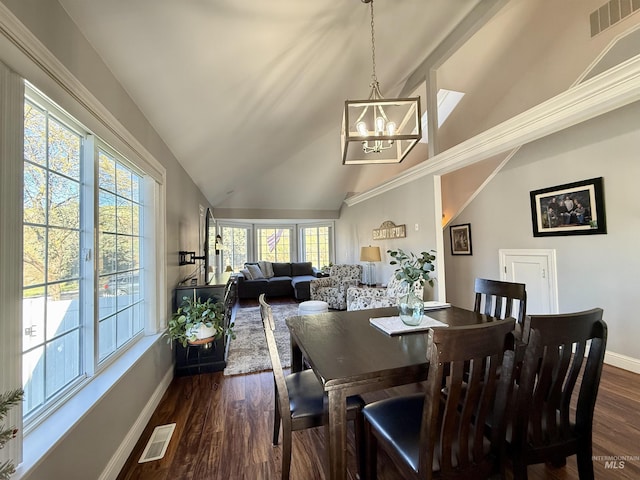 dining area featuring visible vents, baseboards, a notable chandelier, and dark wood-style floors