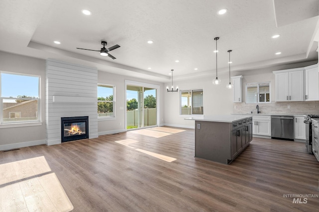 kitchen with wood finished floors, a kitchen island, a sink, stainless steel dishwasher, and open floor plan