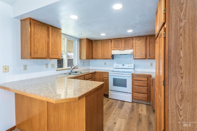 kitchen with white electric range oven, brown cabinetry, a peninsula, a sink, and under cabinet range hood