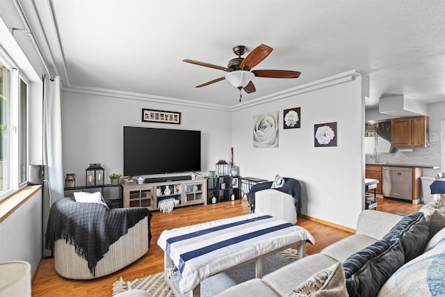 3404 Chukar Ln, Clarkston, WA 99403 - living area with a ceiling fan, ornamental molding, and light wood-type flooring