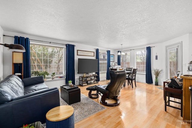 living room with light wood-type flooring, a wealth of natural light, and a textured ceiling