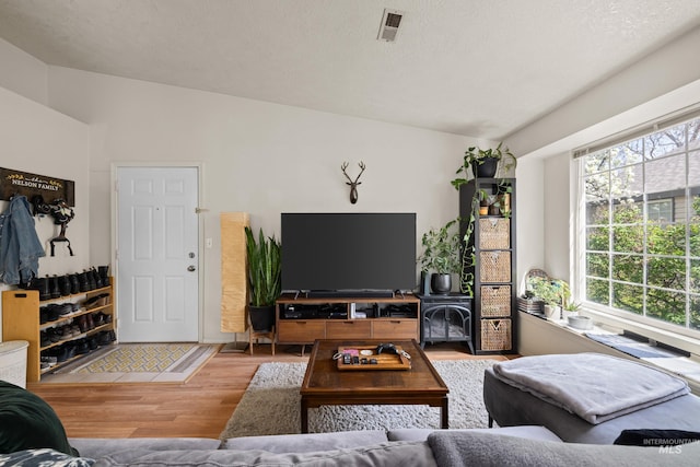 living area featuring wood finished floors, vaulted ceiling, and visible vents