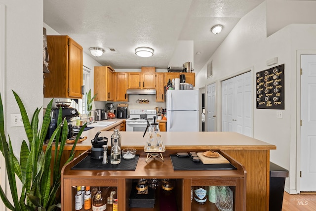 kitchen featuring a sink, white appliances, light countertops, under cabinet range hood, and visible vents