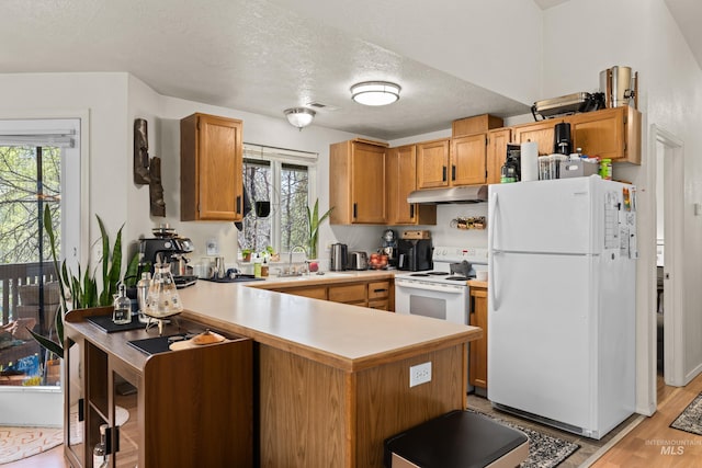 kitchen featuring a sink, white appliances, light countertops, a peninsula, and under cabinet range hood