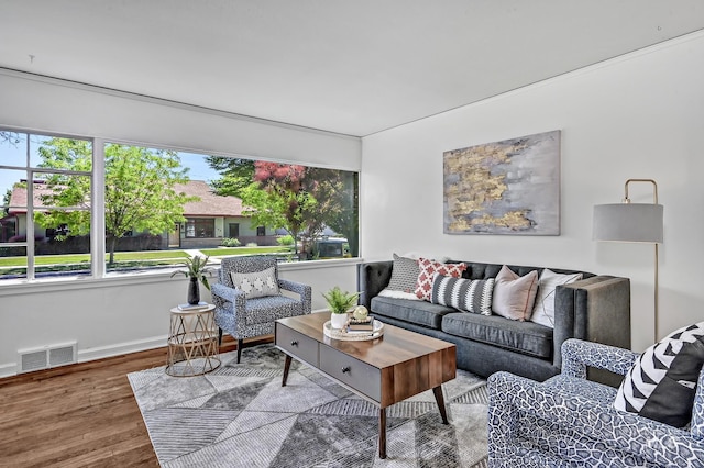 living room featuring wood finished floors and visible vents