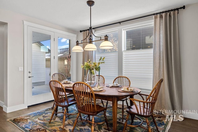 dining room featuring dark wood-style floors and baseboards