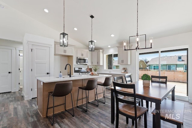 kitchen with a kitchen island with sink, stainless steel appliances, dark wood-style flooring, a sink, and light countertops