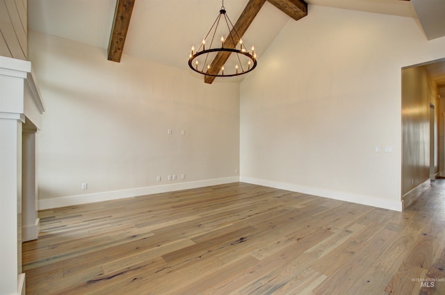 1149 E Crescendo St, Meridian, ID 83642 - spare room with beam ceiling, a chandelier, light wood-style flooring, and high vaulted ceiling